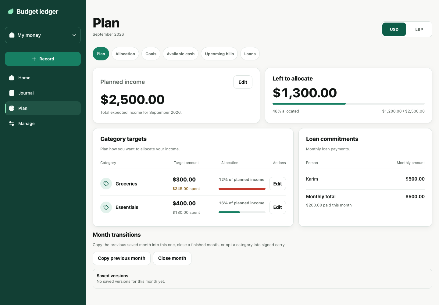 Budget Tracker Plan: planned income, left to allocate, category targets and loan commitments