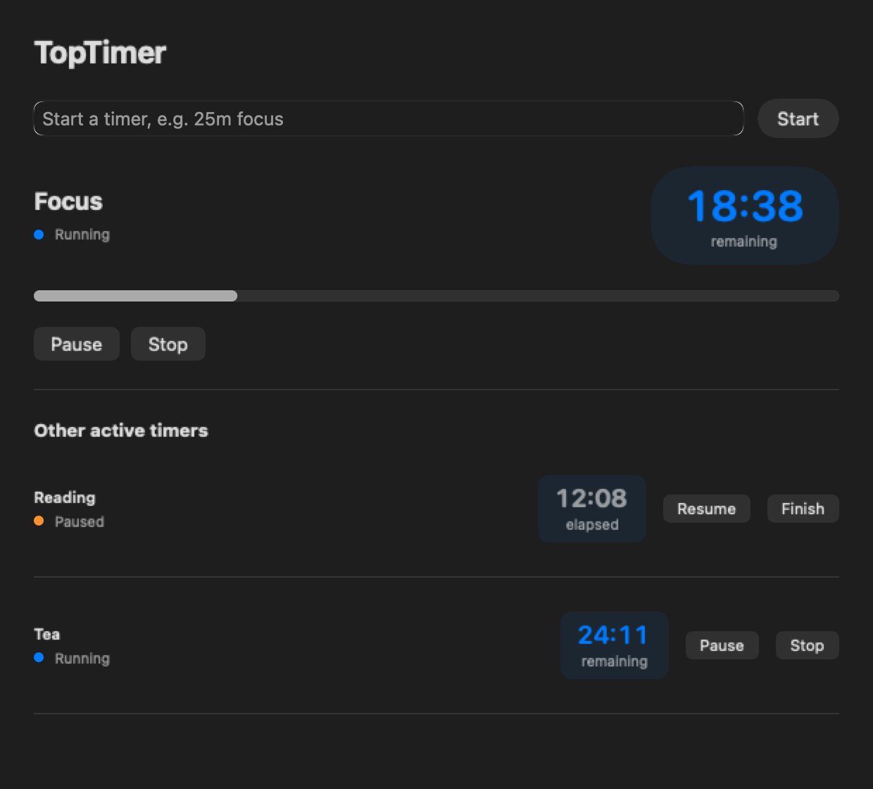 TopTimer main window in dark mode showing a running countdown, a paused stopwatch and a second running timer
