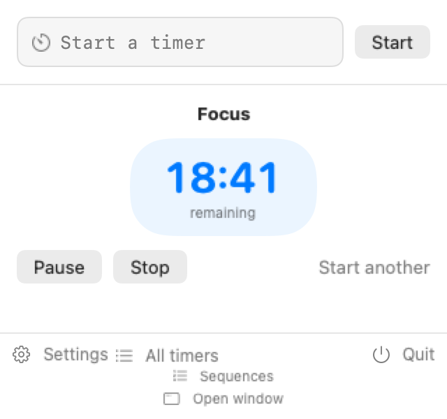 TopTimer menu-bar popover with a running Focus countdown, Pause and Stop buttons