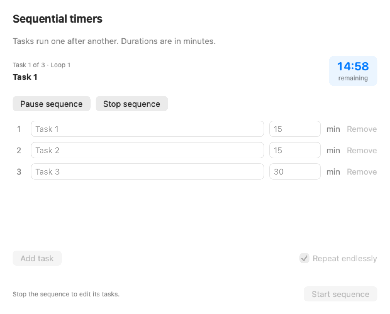 TopTimer sequence view with three repeating tasks and a running 14:58 countdown